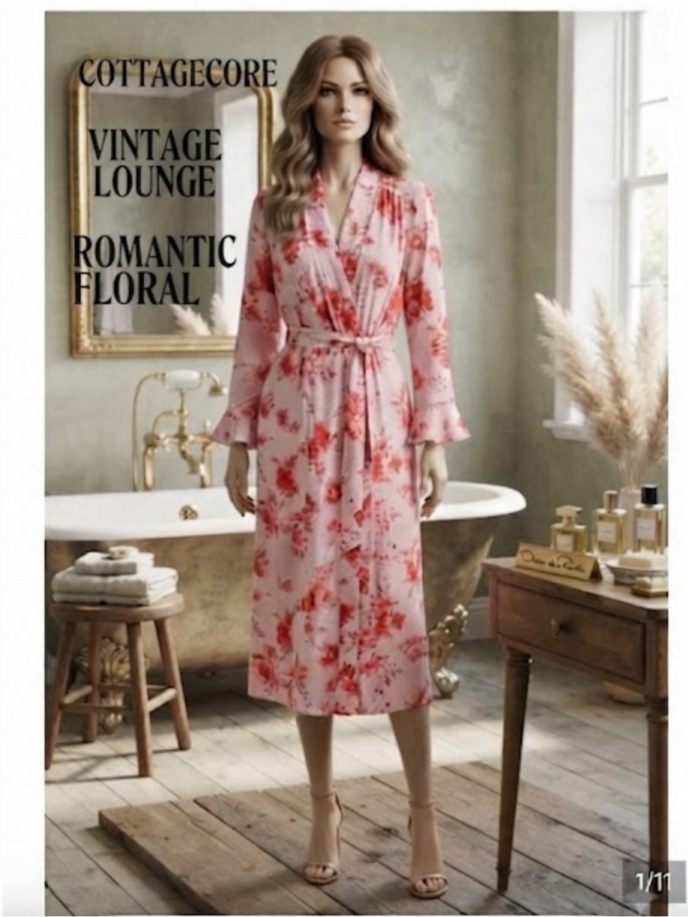 VTG Oscar de la Renta Pink Label Floral Polka Dot Midi Robe Sz L Cottagecore